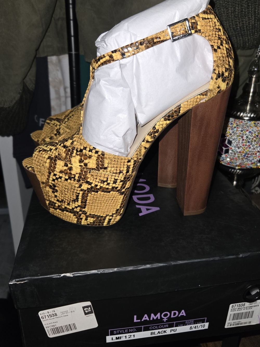 Jessica Simpson Dany Yellow Snake-Print Platform Heels with Wood-Look Block Heel